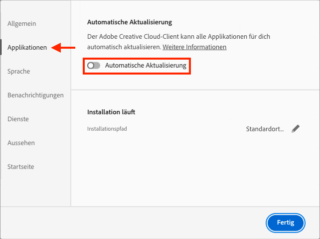 Deaktivierte Einstellung für automatische Updates in der Creative Cloud App