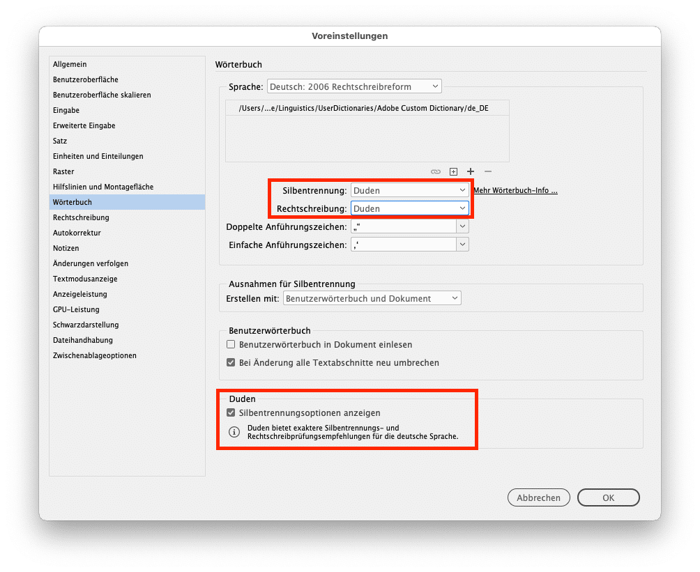 Voreinstellungen für das Wörterbuch in InDesign