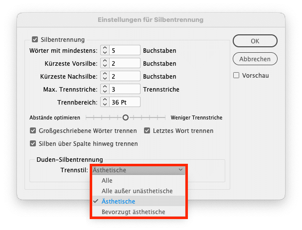 Einstellungen für Silbentrennung in InDesign