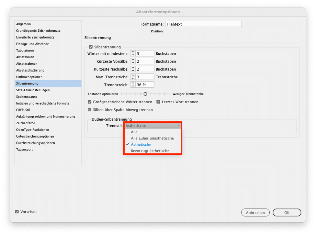 Silbentrennung in den Absatzformatoptionen