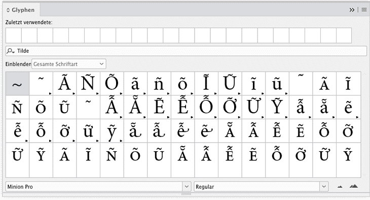 Das Glyphenbedienfeld in InDesign