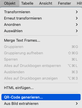 Objektmenü mit ausgewählter Option »Qr-Code generieren…«