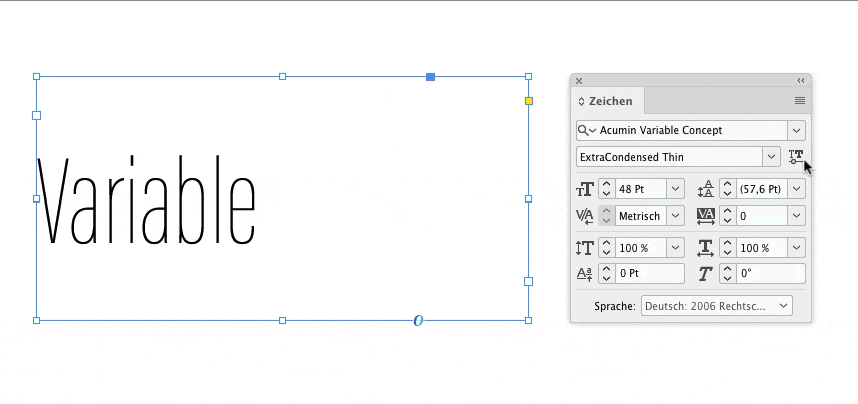 Screen-Capture der Anpassung eines Variable Fonts in InDesign