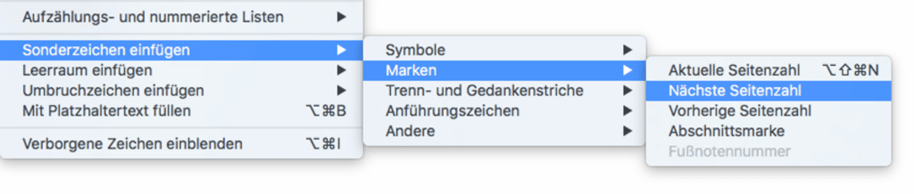 Screenshot der Funktion »Nächste Seitenzahl« im Bereich Schrift und Sonderzeichen einfügen