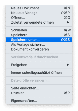 Der »Speichern unter…« Befehl im Datei-Menü