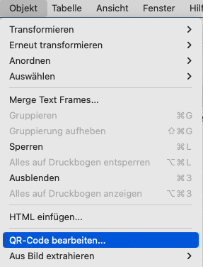 Objektmenü mit ausgewählter Option »Qr-Code bearbeiten…«