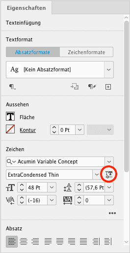 Icon für Variable Fonts im Eigenschaftenbedienfeld