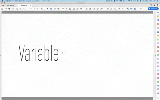 Screen-Capture, der die Probleme bei der Bearbeitung von Variable Fonts in Acrobat veranschaulicht.