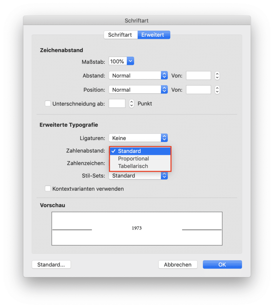 Zahlenformateinstellungen im Optionsdialog Schrift in Microsoft Word