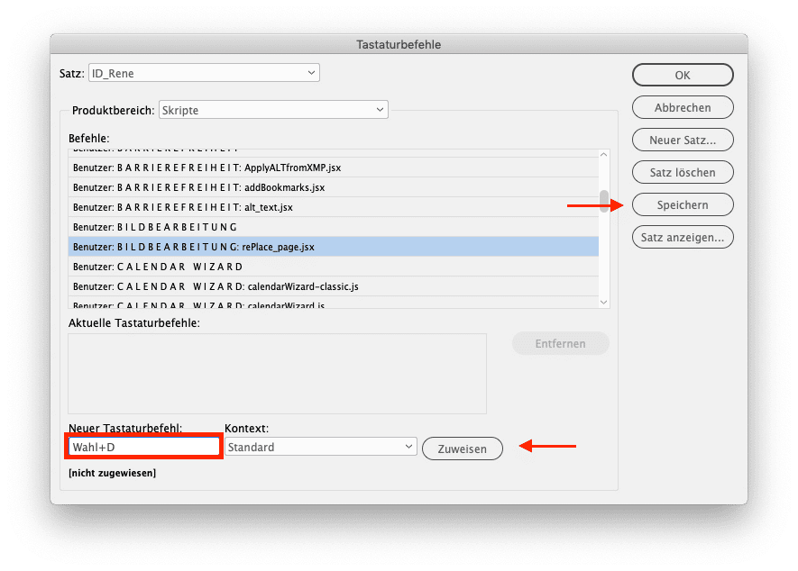 Speichern eines neuen Tastaturkurzbefehle in InDesign