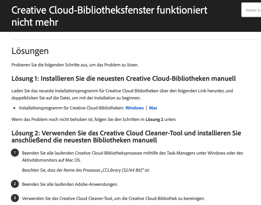 Screenshot eines Hilfetexts zum Creative Cloud Bibliotheksfenster auf der Adobe Website