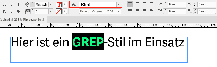 Das Steuerungsbedienfeld ohne zugewiesenes Zeichenformat