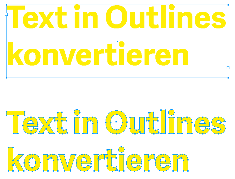 Gelber Text in einem Textrahmen und darunter in Outlines konvertiert