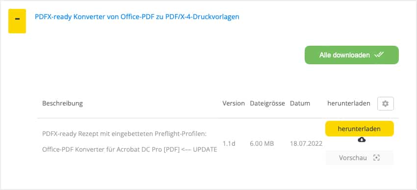 PDFX-ready Prüfprofil Donload-Bildschirm