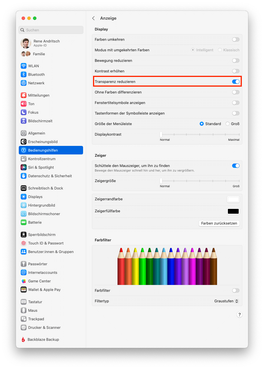 macOS Ventura Systemeinstellungen, Rubrik Anzeige mit hervorgehobener Option »Transparenz reduzieren«