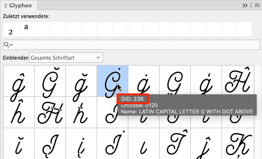 Glyph-Identifikationsnummer einer Glyphe des Zeichens G aus der Schrift »MADE GoodTime Script«