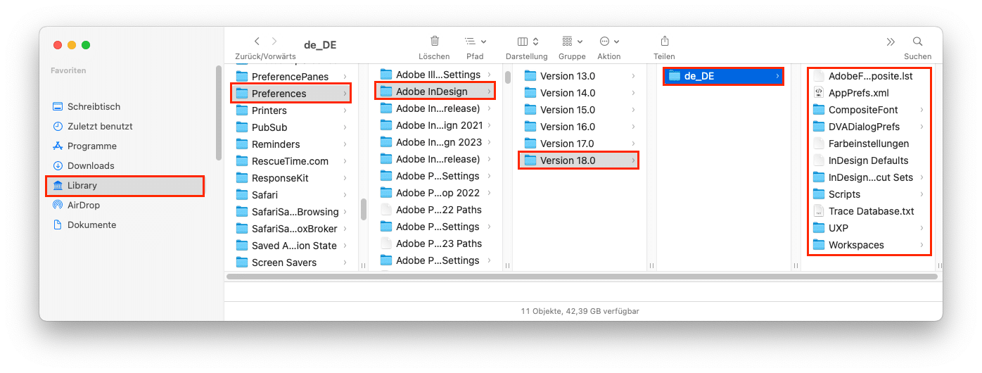 Nutzer-Bibliothek auf macOS für die InDesign-Voreinstellungen