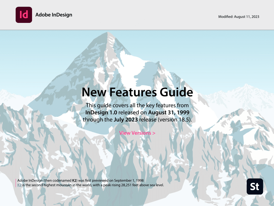 Cover des InDesign New Features Guide zeigt eine Illustration eines schneebedeckten Berges