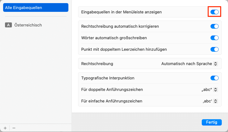 Das Submenü Texteingabe der macOS Systemeinstellungen im Bereich Tastatur