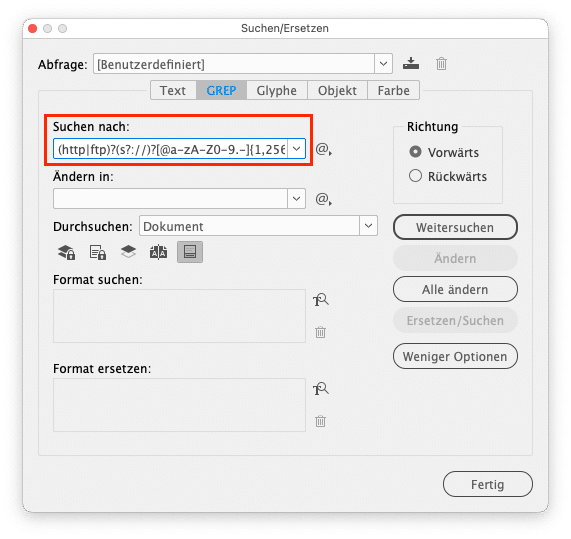 Screenshot InDesign Suchen-/Ersetzen-Dialog im GREP-Modus