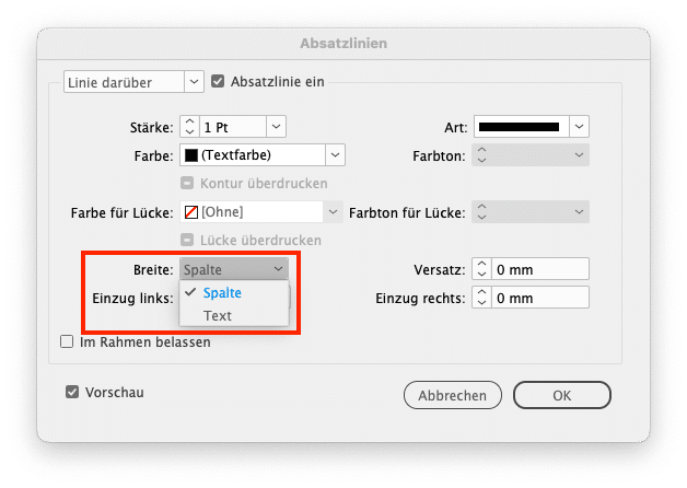 Optionsdialog für Absatzlinien in InDesign