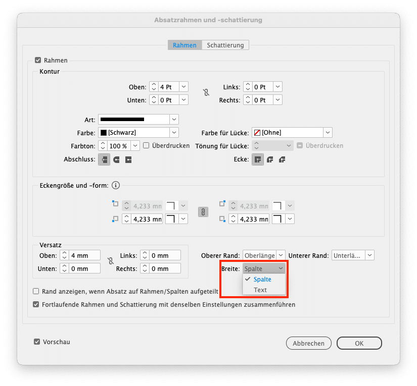 Optionsdialog für Absatzrahmen in InDesign