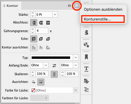 Konturen-Bedienfeld mit Menü zur Konturenstilbearbeitung
