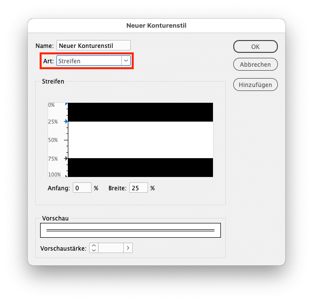 Optionsdialog für das Anlegen von Streifen als Konturenstil in InDesign