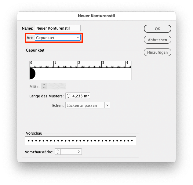 Optionsdialog für das Anlegen von Punkten als Konturenstil in InDesign