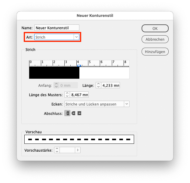 Optionsdialog für das Anlegen von Strichen als Konturenstil in InDesign