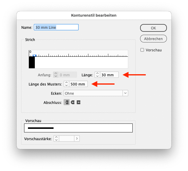 Definition eines strichlierten Musters für benutzerdefinierte Linien in InDesign