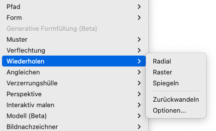 Objektmenü in Adobe Illustrator zum Unterpunkt »Wiederholen«