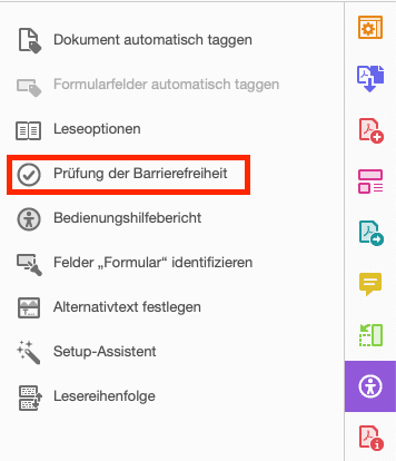 Werzeugpalette im Reiter Barrierefreiheit in Adobe Acrobat