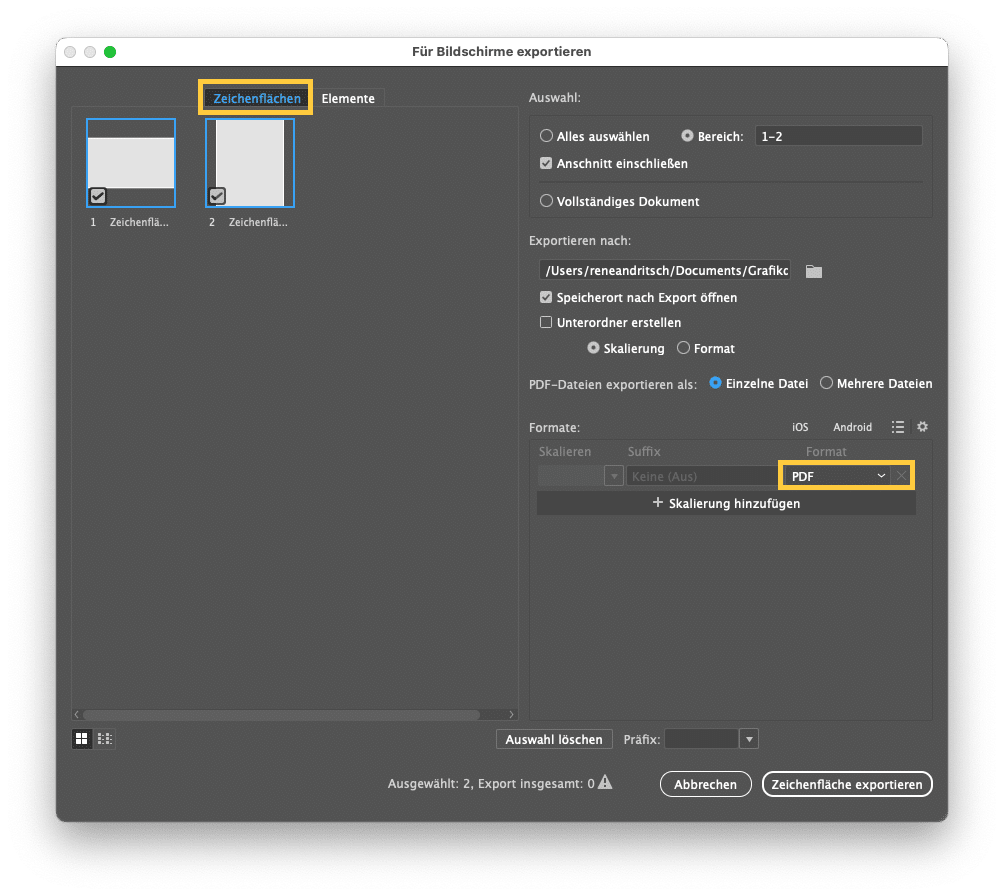 Optionsdialog »Für Bildschirme exportieren« in Adobe Illustrator