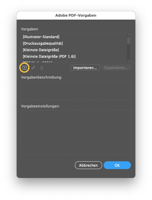 Adobe PDF-Vorgaben-Dialog aus dem Bearbeiten-Menü in Adobe Illustrator