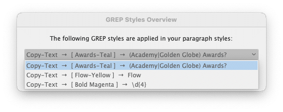 Dialogue box of the InDesign script GREP Style Inspector showing a drop down list with three GREP Styles.