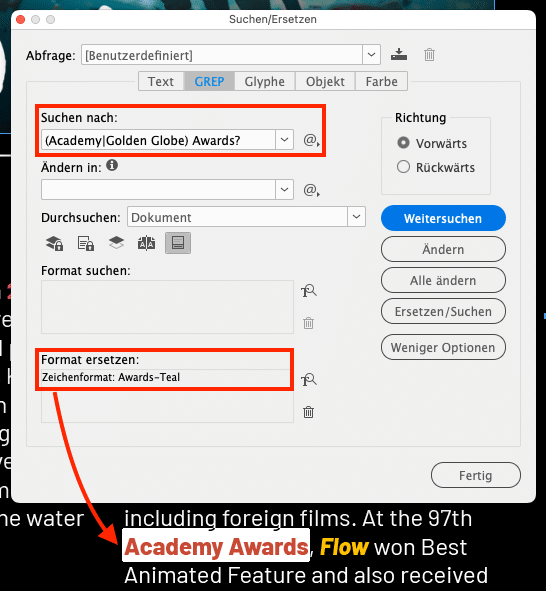 The GREP Find/Chnage dialogue box with highlighted field for search and replace.