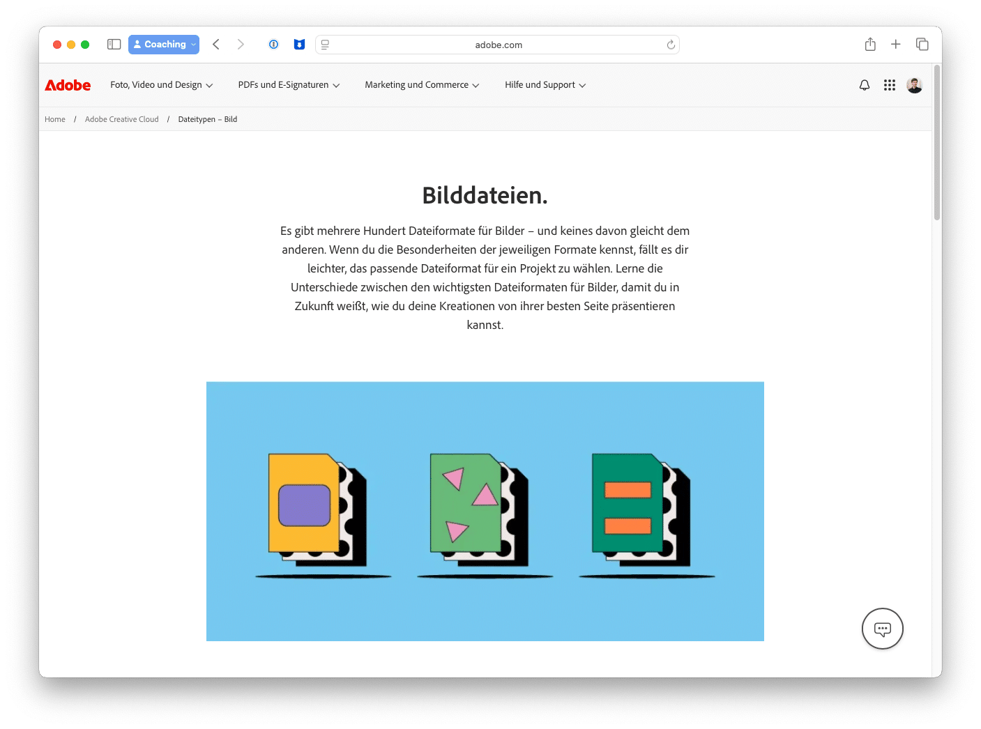 Screenshot der Adobe-Website zum Thema Dateiformate von Bilddateien.