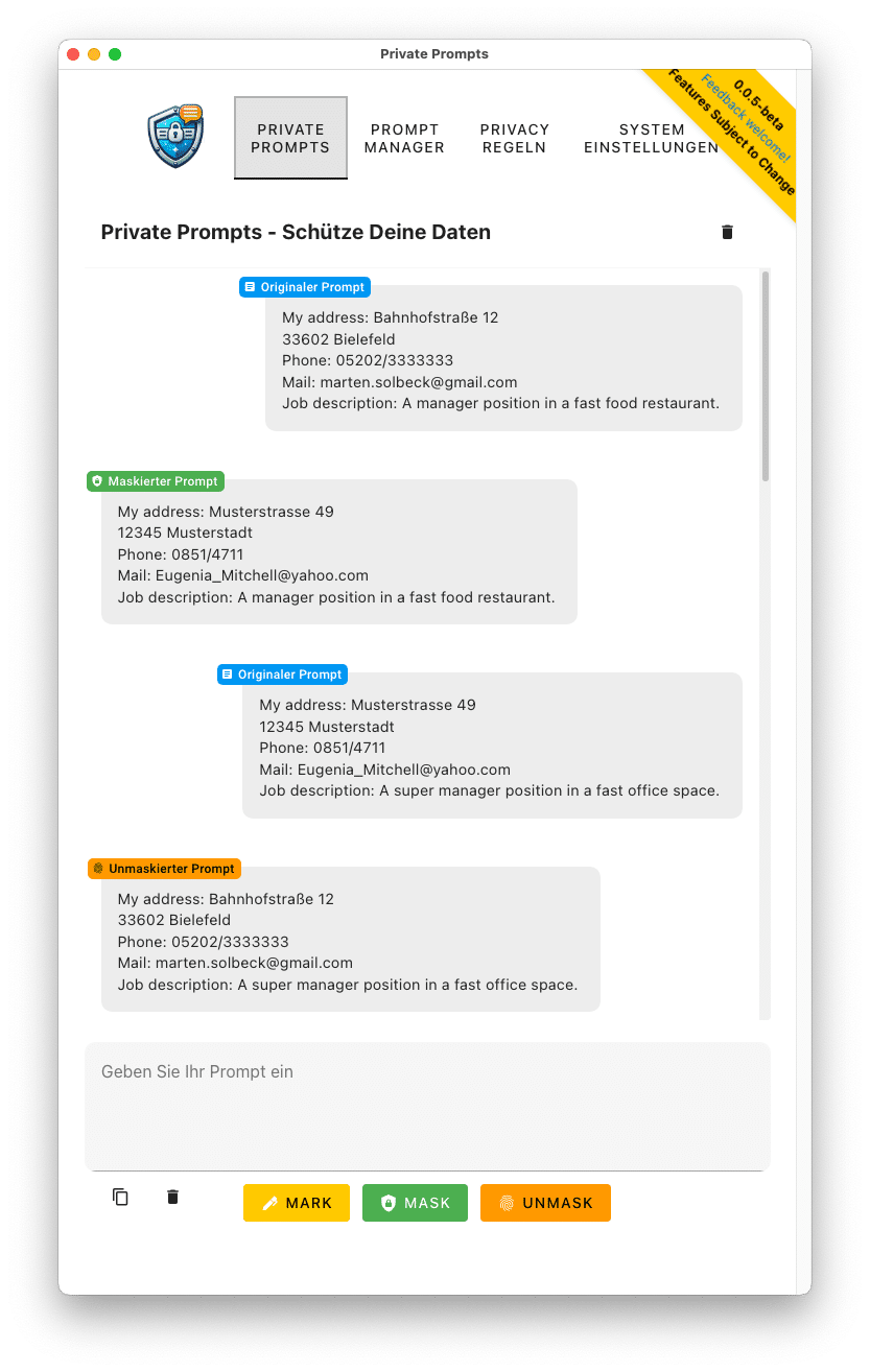 Screenshot Private Prompts Anzeigebeispiel