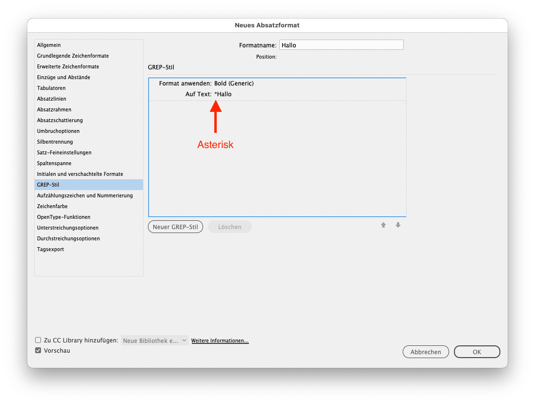 Absatzformat-Optionsdialog mit aktivierten GREP-Stil-Abschnitt in InDesign. Mit einem Stern vor dem GREP-Ausruck können Sie GREP-Stile deaktivieren.