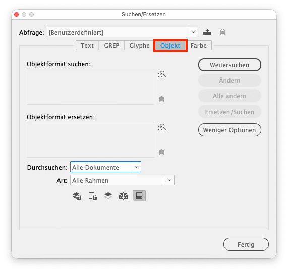 InDesign Suchen/Ersetzen Dialog mit dem Abschnitt »Objekt« aktiviert.