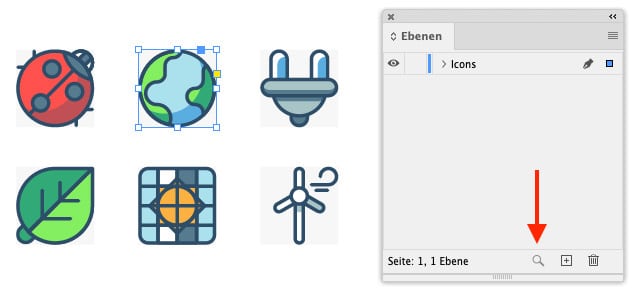 Sechs Vektor Illustrationen von Umwelticons und geöffnete Ebenen-Palette von InDesign