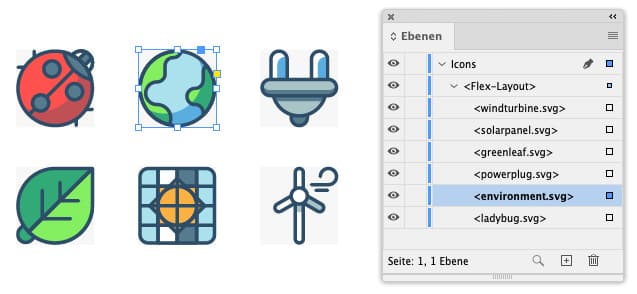 Sechs Vektor Illustrationen von Umwelticons, davon eines ausgewählt und in der geöffneten Ebenen-Palette von InDesign ausgewählt